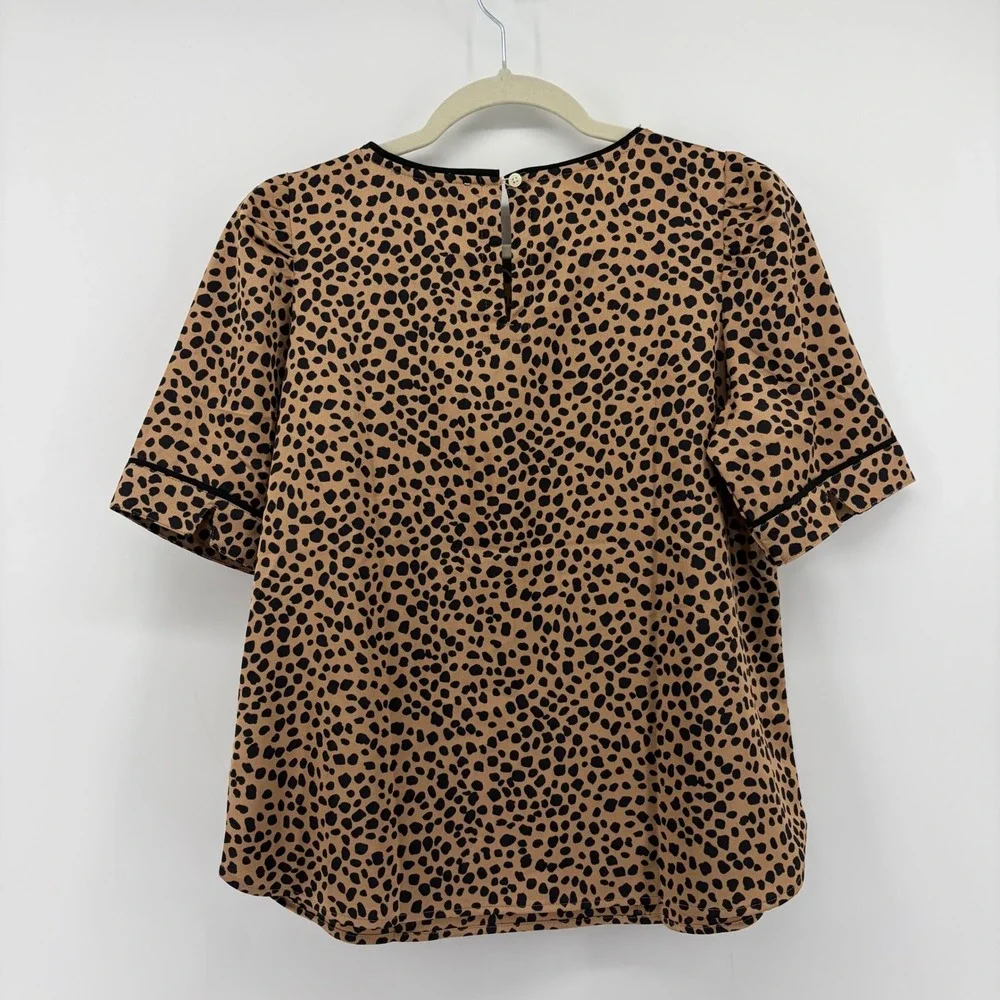 LOFT‎ Womens Small Petite SP Tan Leopard Print Blouse Short Sleeve Puff Shoulder